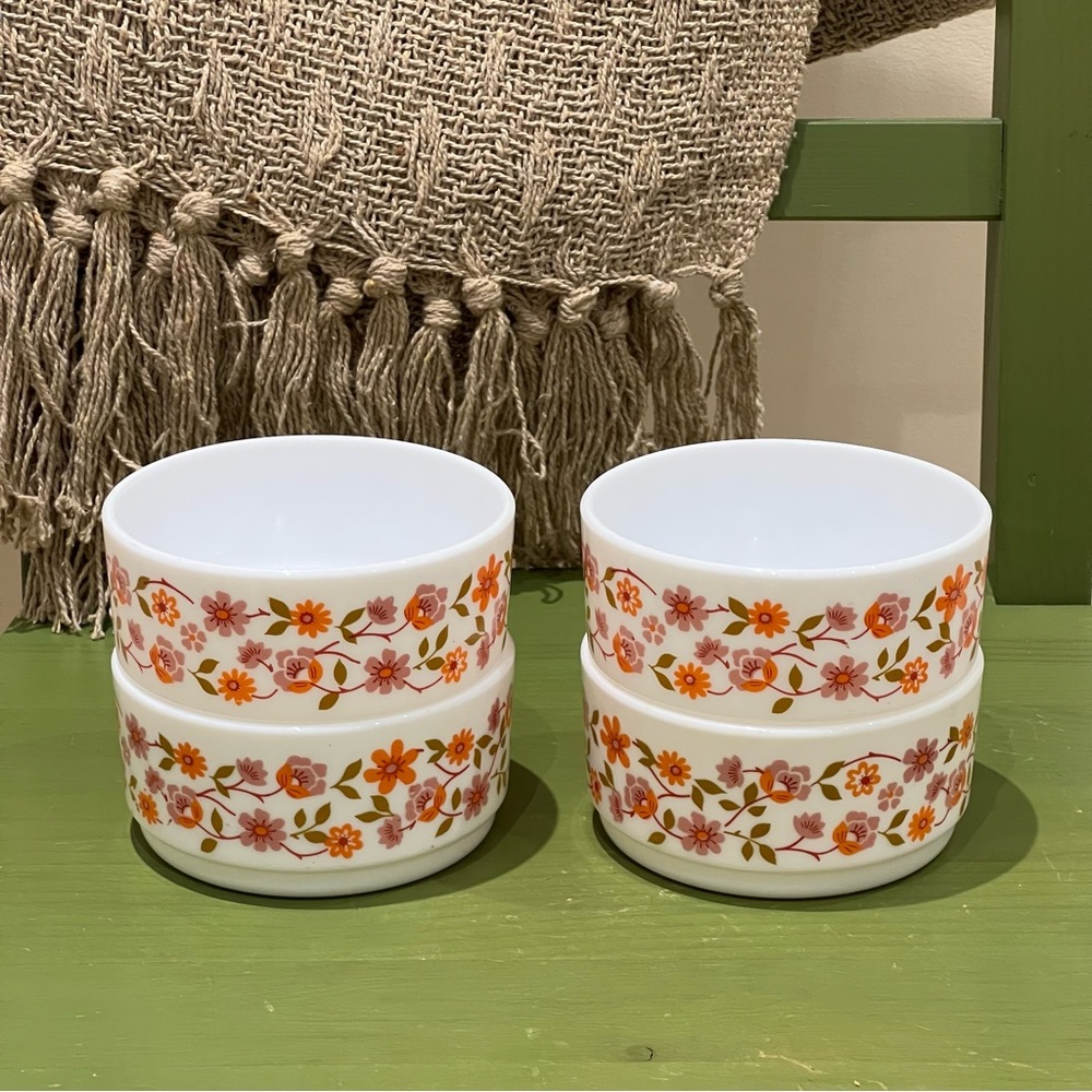 Vintage 1970s Arcopal Scania Milk Glass Floral Bowls – Set of 4